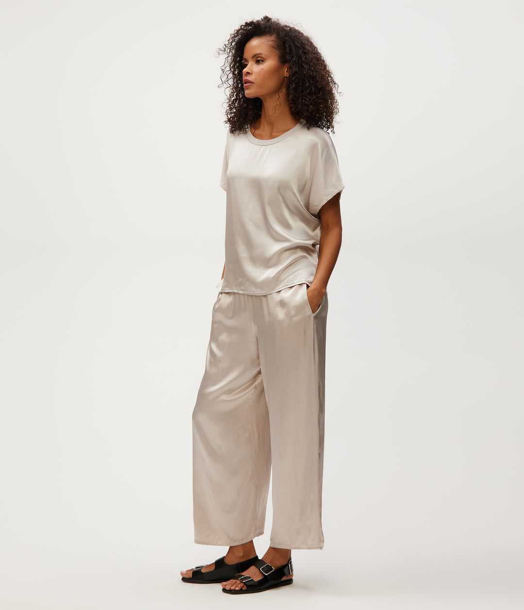Sacha Satin Cropped Pant in Cement  Side View #CEMENT