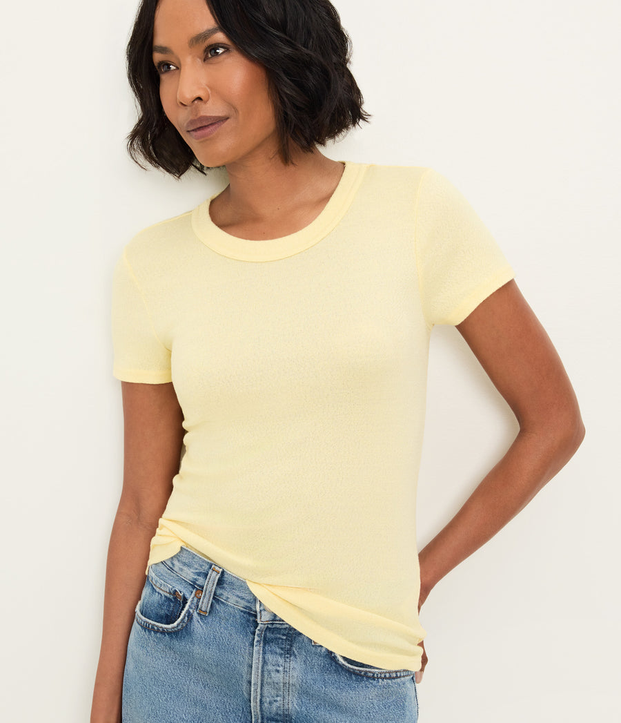 Fallon Shine Tee in BUTTER Yellow Close Up View #BUTTER