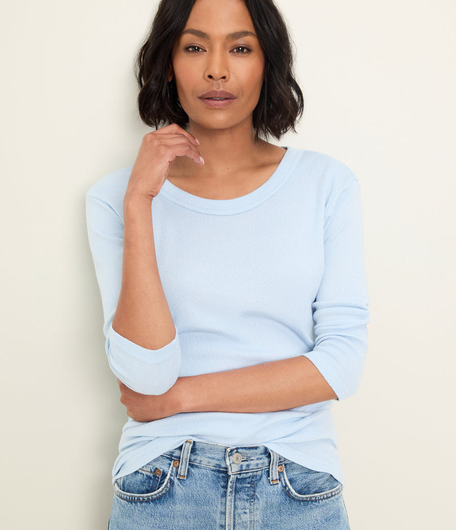 Dora Shine 3/4 Sleeve Tee in CLOUD Blue Close Up View #CLOUD