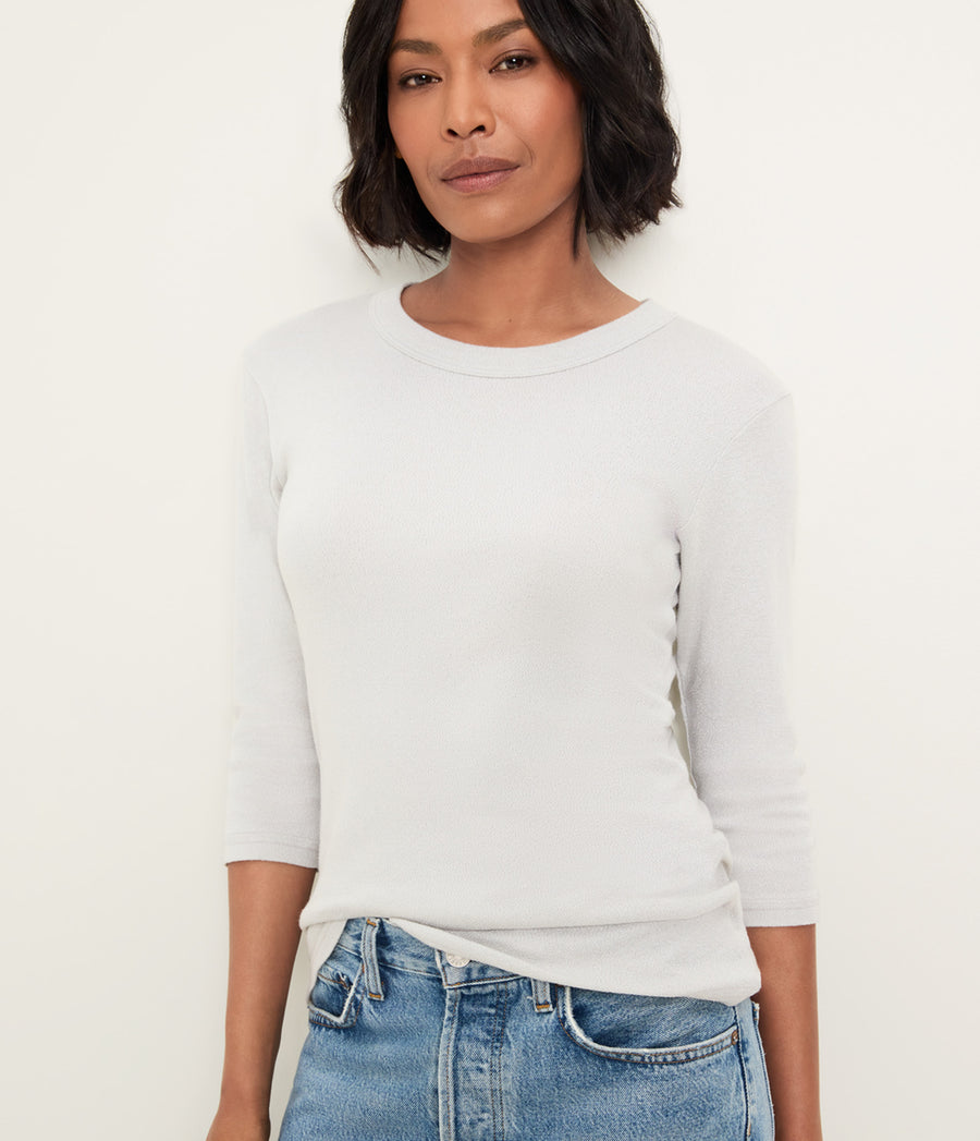 Dora Shine 3/4 Sleeve Tee in Hematite Grey Close Up View #HEMATITE