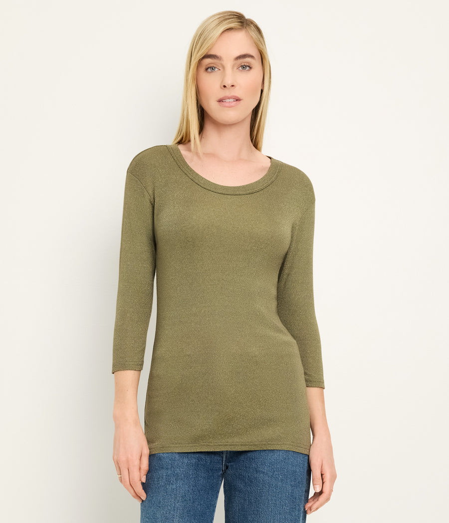 Dora Shine 3/4 Sleeve Tee in OREGANO Green Full Body View #OREGANO