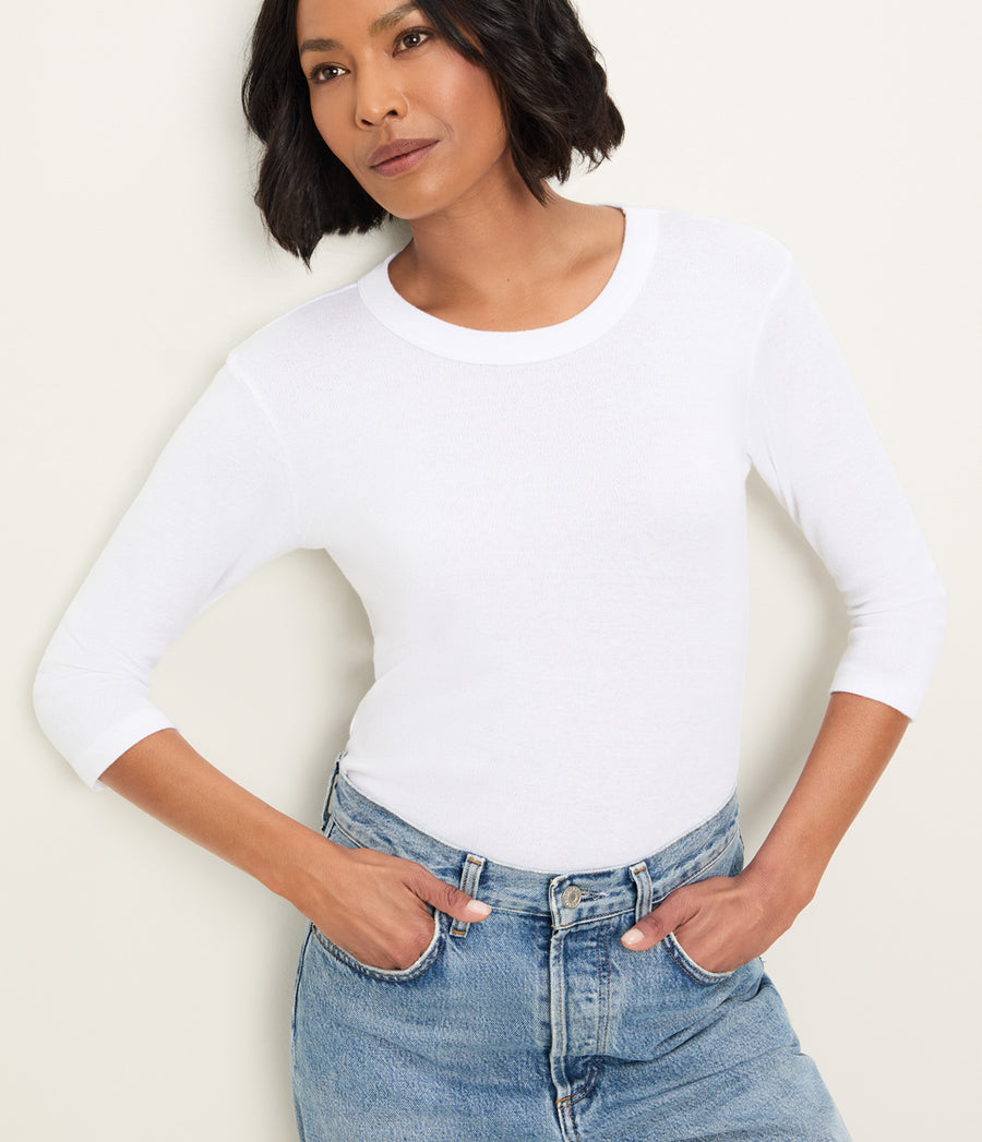 Dora Shine 3/4 Sleeve Tee in White Close up View #WHITE