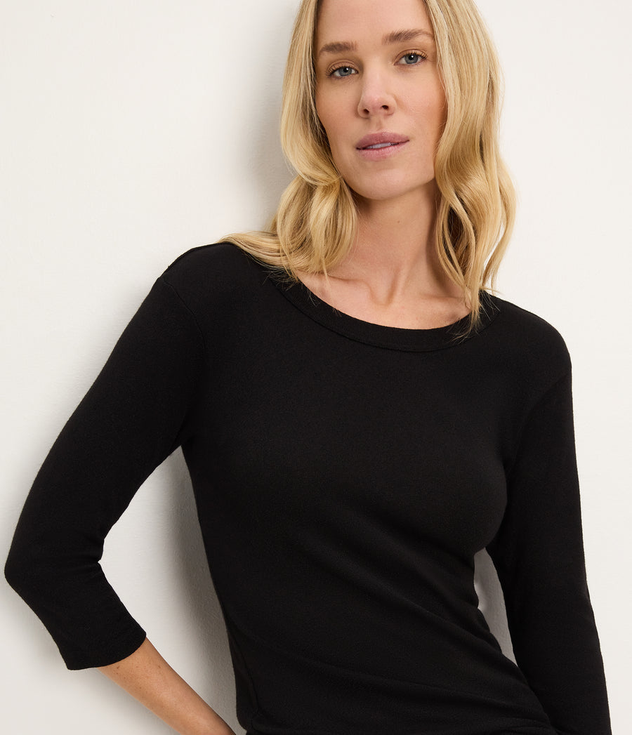 Dora Shine 3/4 Sleeve Tee in Black Close up View #BLACK