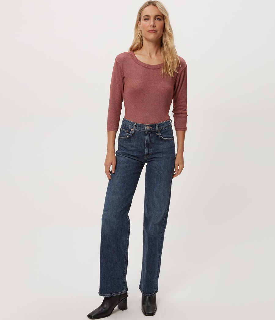 Dora Shine 3/4 Sleeve Tee in MUSE ORANGE Combo Full Body View #MUSE