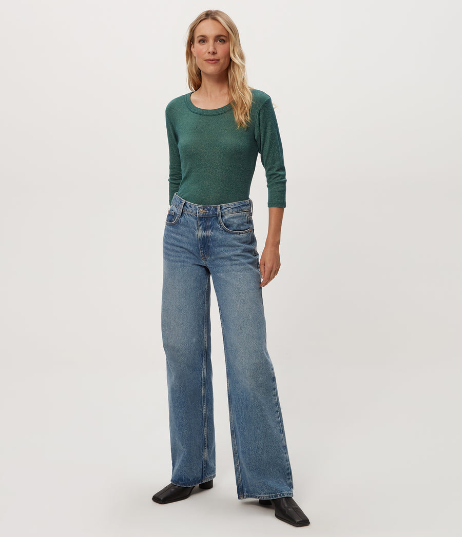 Dora Shine 3/4 Sleeve Tee in RAINFOREST BLUE Combo Full Body View #RAINFOREST