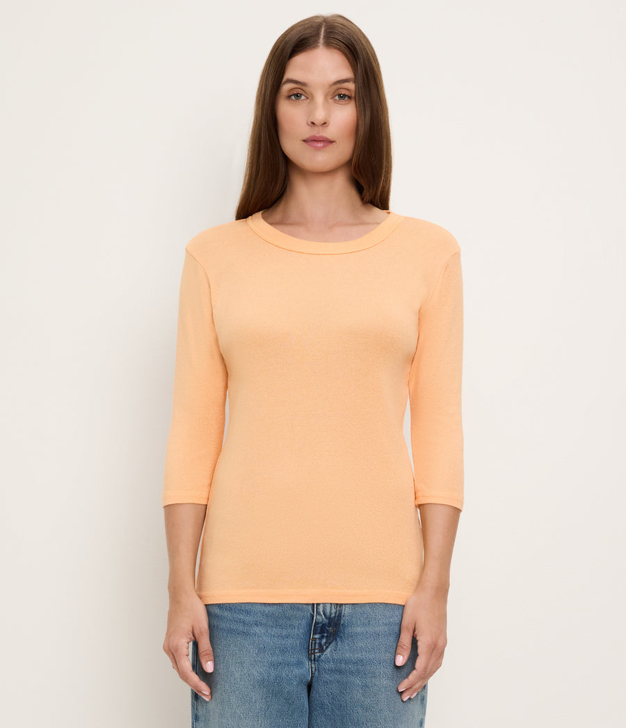 Dora Shine 3/4 Sleeve Tee in Tangerine Orange Full Body View #TANGERINE