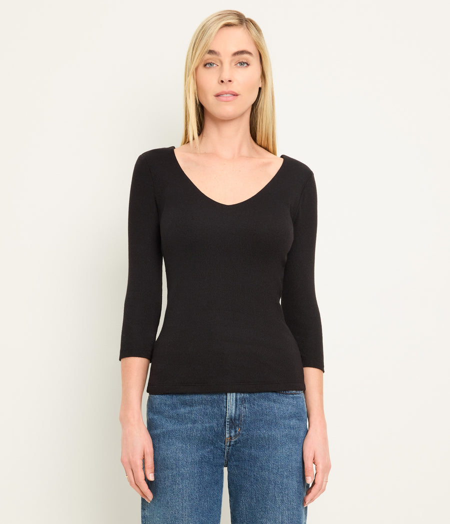 Angelina Shine V-Neck Tee in Black Full Body View #BLACK