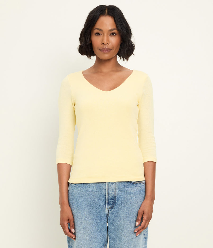 Angelina Shine V-Neck Tee in BUTTER Yellow Full Body View #BUTTER