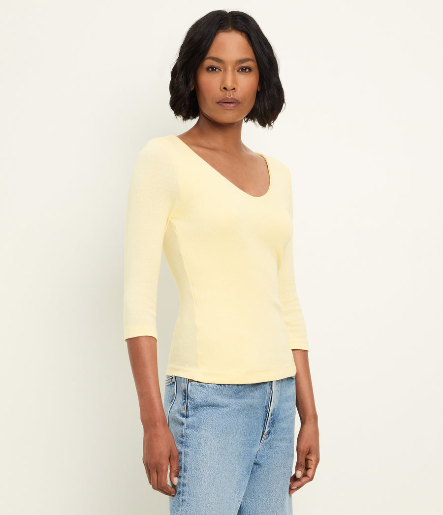 Angelina Shine V-Neck Tee in BUTTER Yellow Side View #BUTTER