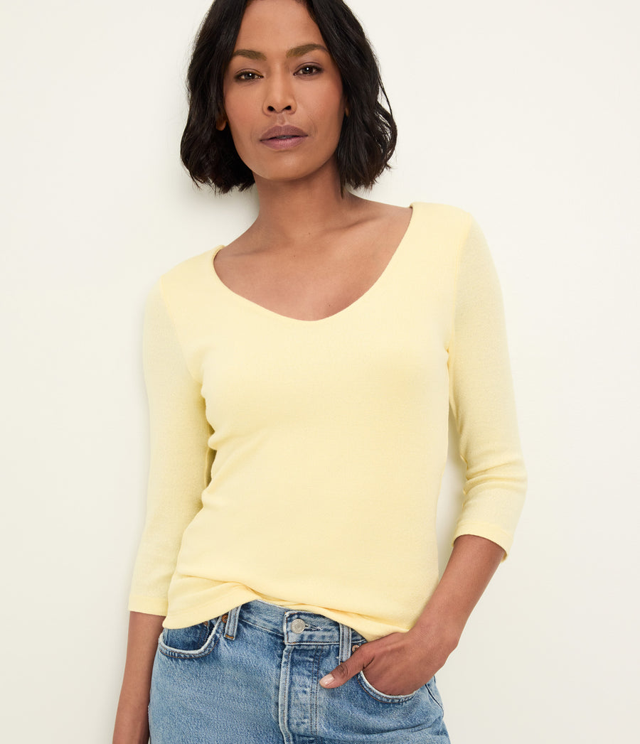 Angelina Shine V-Neck Tee in BUTTER Yellow Close Up View #BUTTER