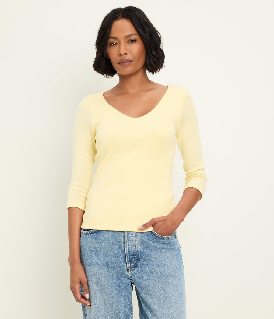 Angelina Shine V-Neck Tee in BUTTER Yellow Full Body View #BUTTER