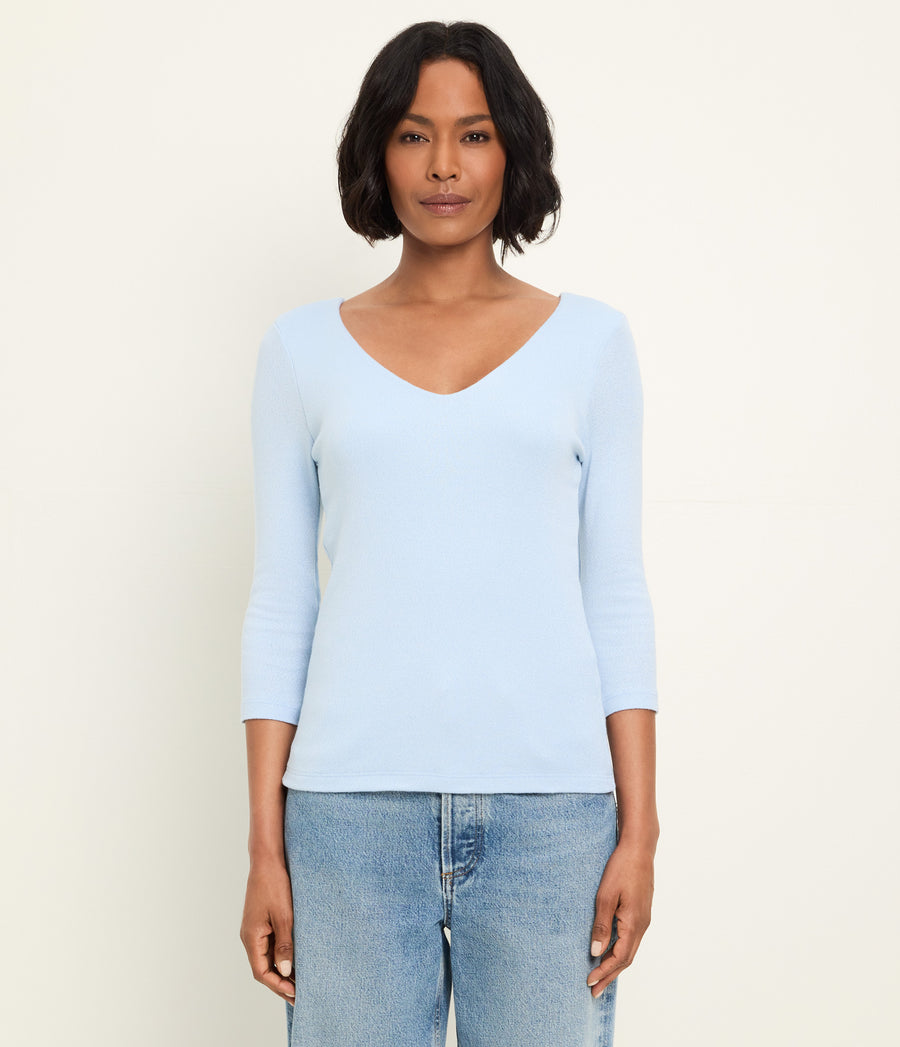 Angelina Shine V-Neck Tee in CLOUD Blue Full Body View #CLOUD