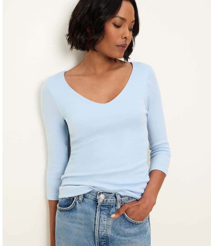 Angelina Shine V-Neck Tee in CLOUD Blue Close Up View #CLOUD