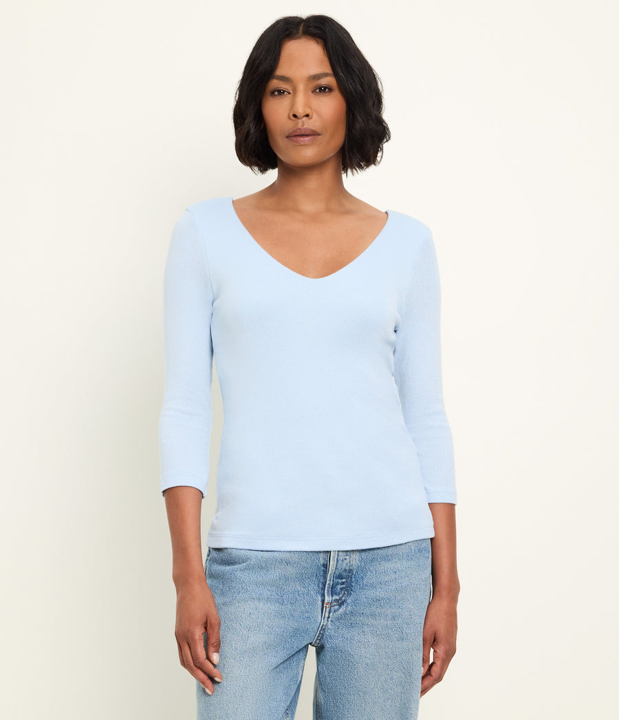 Angelina Shine V-Neck Tee in CLOUD Blue Full Body View #CLOUD