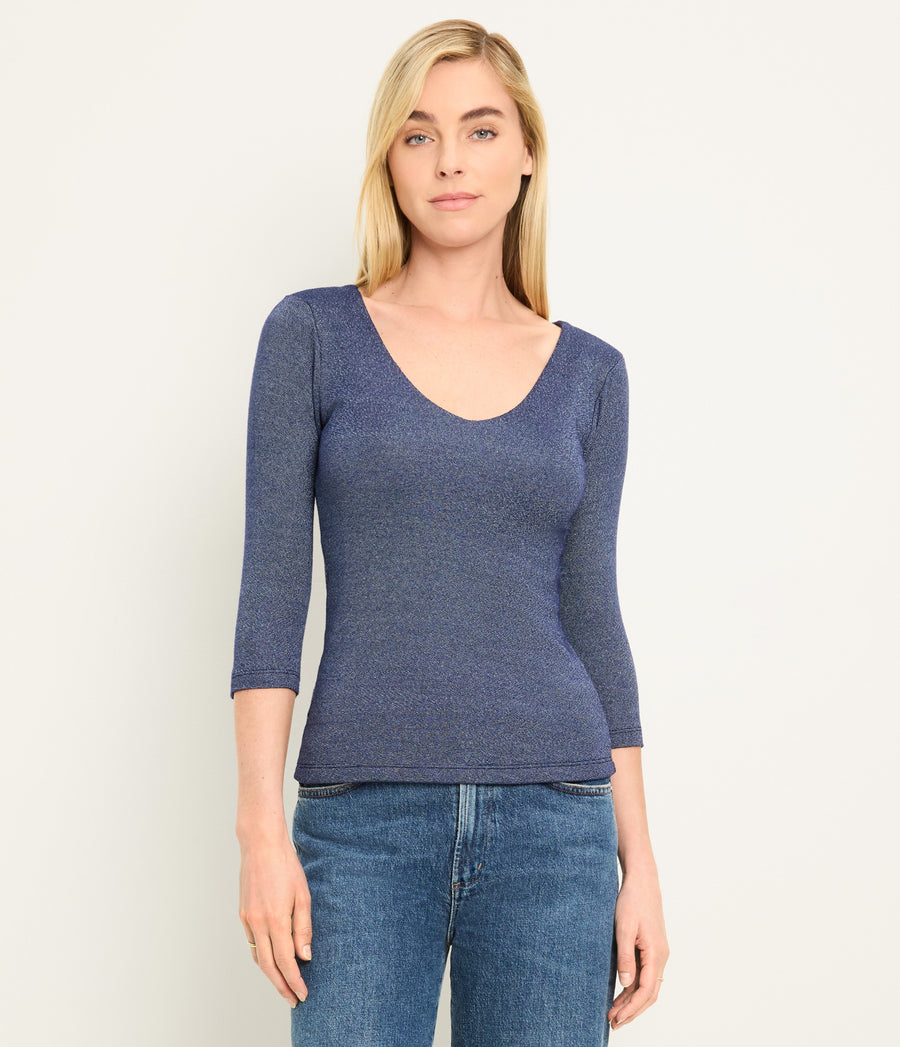 Angelina Shine V-Neck Tee in Nocturnal Blue Full Body View #NOCTURNAL