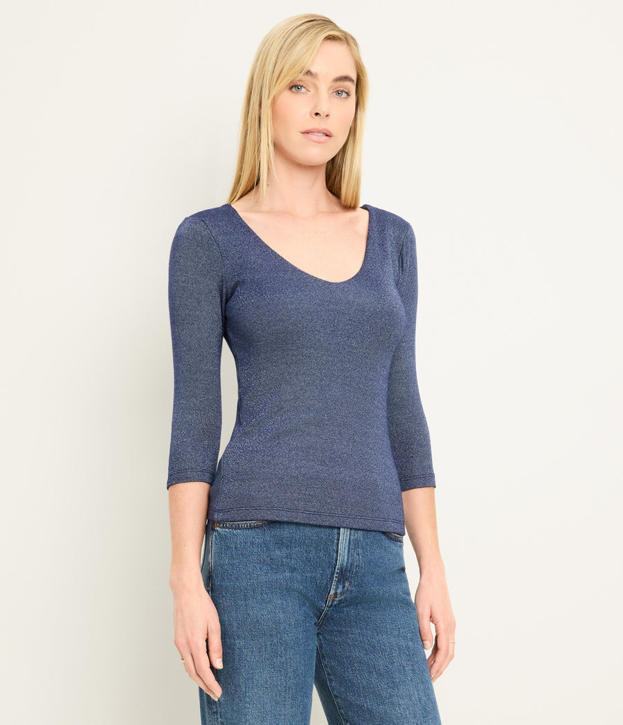 Angelina Shine V-Neck Tee in Nocturnal Blue Back View  #NOCTURNAL