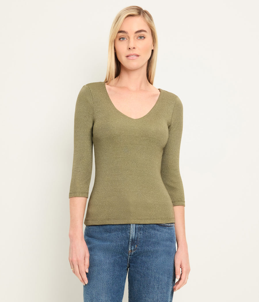 Angelina Shine V-Neck Tee in OREGANO Green Close Up View #OREGANO
