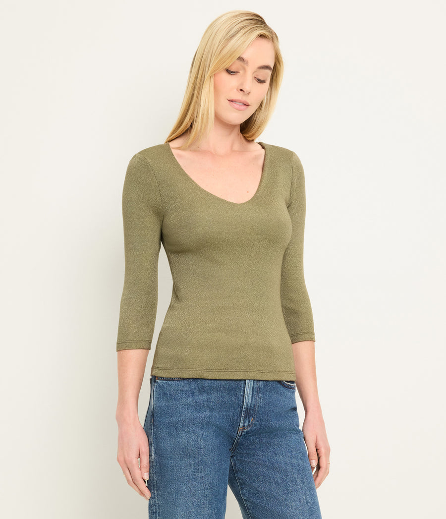 Angelina Shine V-Neck Tee in OREGANO Green Side View #OREGANO