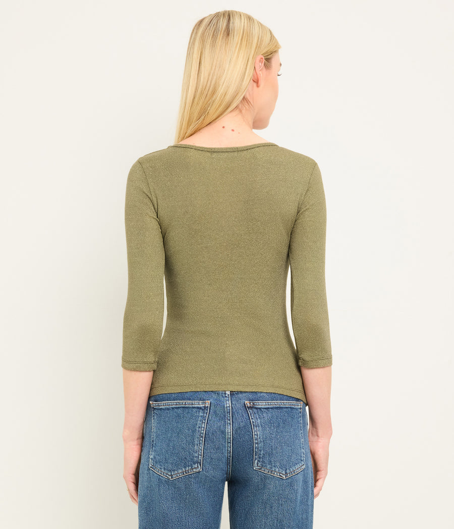 Angelina Shine V-Neck Tee in OREGANO Green Back View #OREGANO