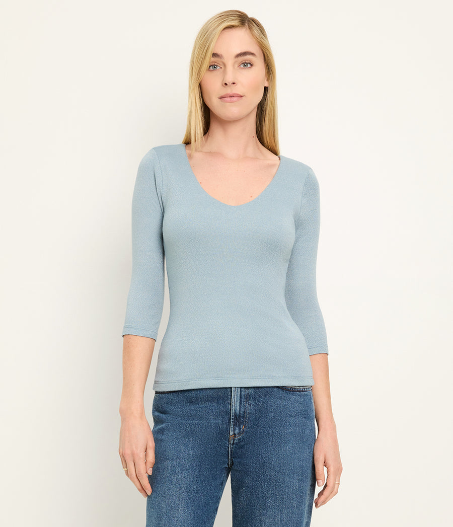 Angelina Shine V-Neck Tee in Slate Dark Grey Blue Full Body View #SLATE