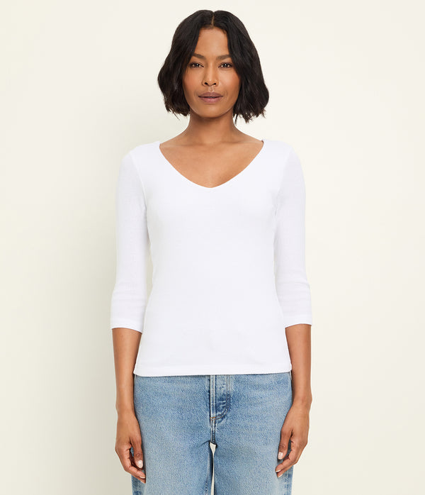 Angelina Shine V-Neck Tee in White Full Body View #WHITE