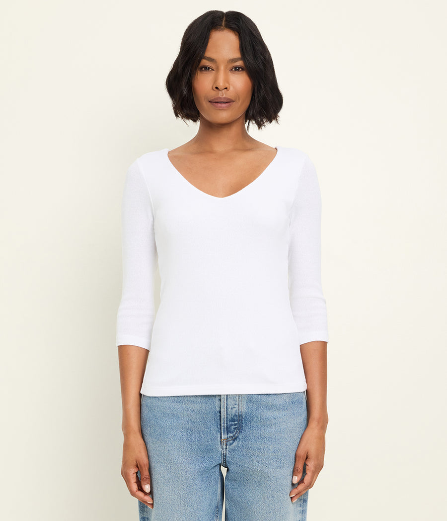 Angelina Shine V-Neck Tee in White Full Body View #WHITE