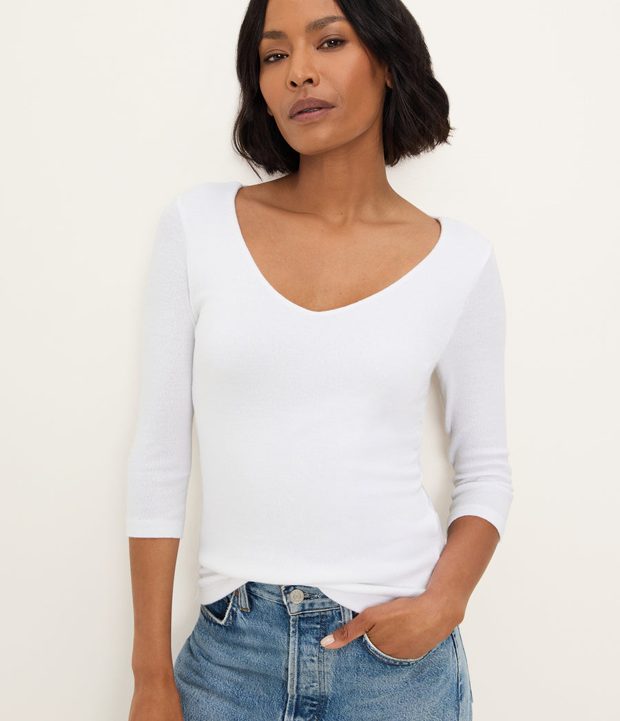 Angelina Shine V-Neck Tee in White Close up View #WHITE