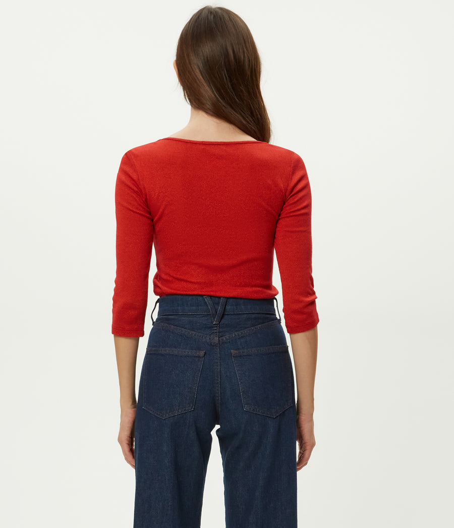 Angelina Shine V-Neck Tee in Carmine Red Back View #CARMINE