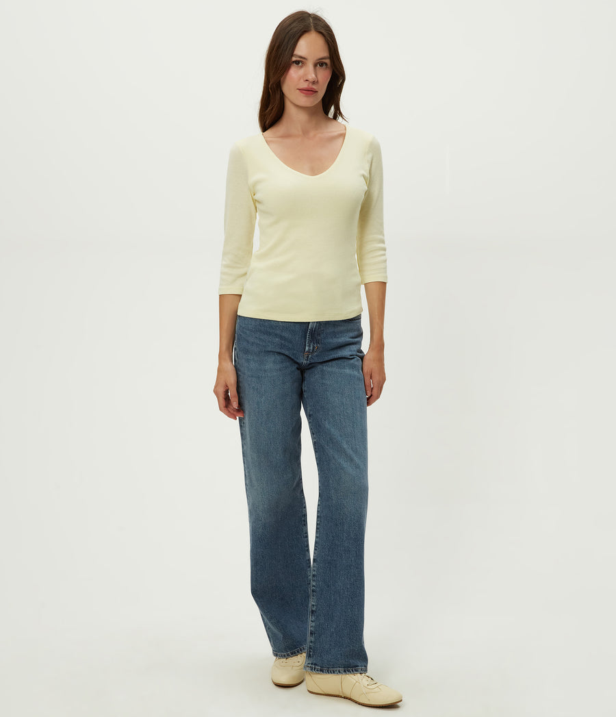 Angelina Shine V-Neck Tee in CUSTARD Yellow Full Body View #CUSTARD