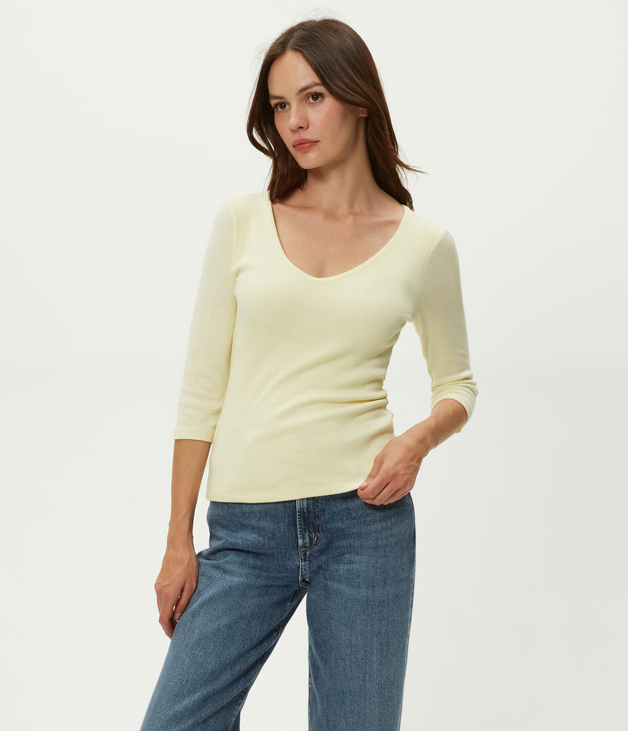 Angelina Shine V-Neck Tee in CUSTARD Yellow Side View #CUSTARD