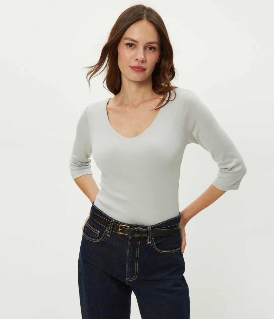 Angelina Shine V-Neck Tee in HEMATITE Grey Close Up View #HEMATITE
