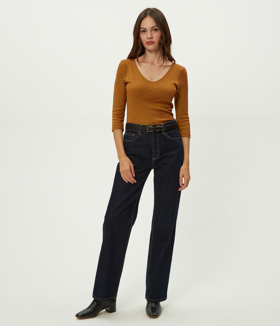 Angelina Shine V-Neck Tee in Lava Red Full Body View #LAVA
