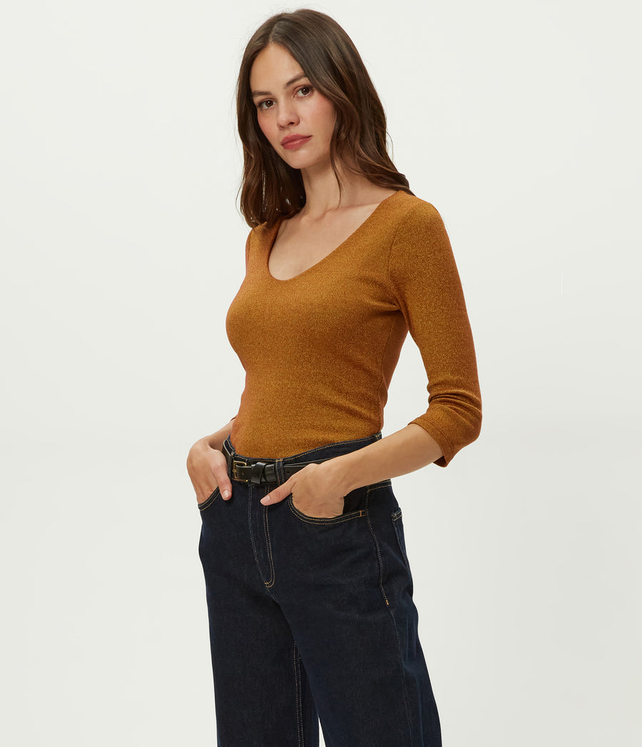 Angelina Shine V-Neck Tee in Lava Red Side View #LAVA