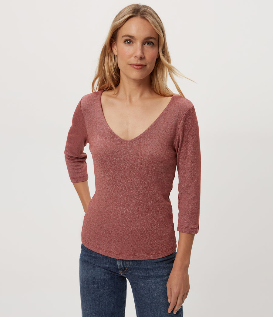 Angelina Shine V-Neck Tee in MUSE ORANGE Combo Full Body View #MUSE