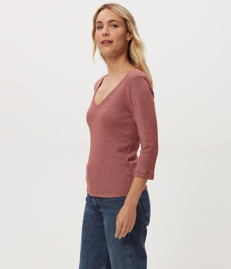 Angelina Shine V-Neck Tee in MUSE ORANGE Combo Side View #MUSE