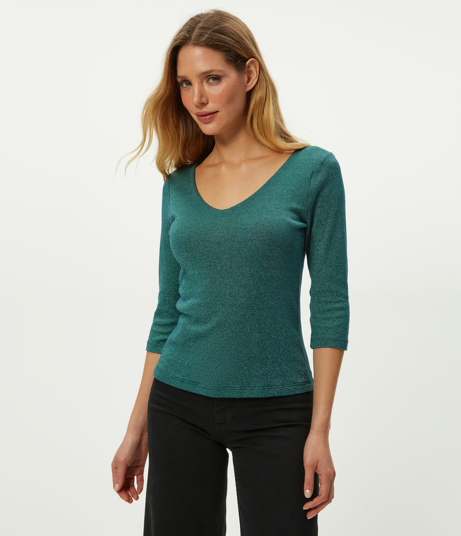 Angelina Shine V-Neck Tee in RAINFOREST BLUE Close up View #RAINFOREST
