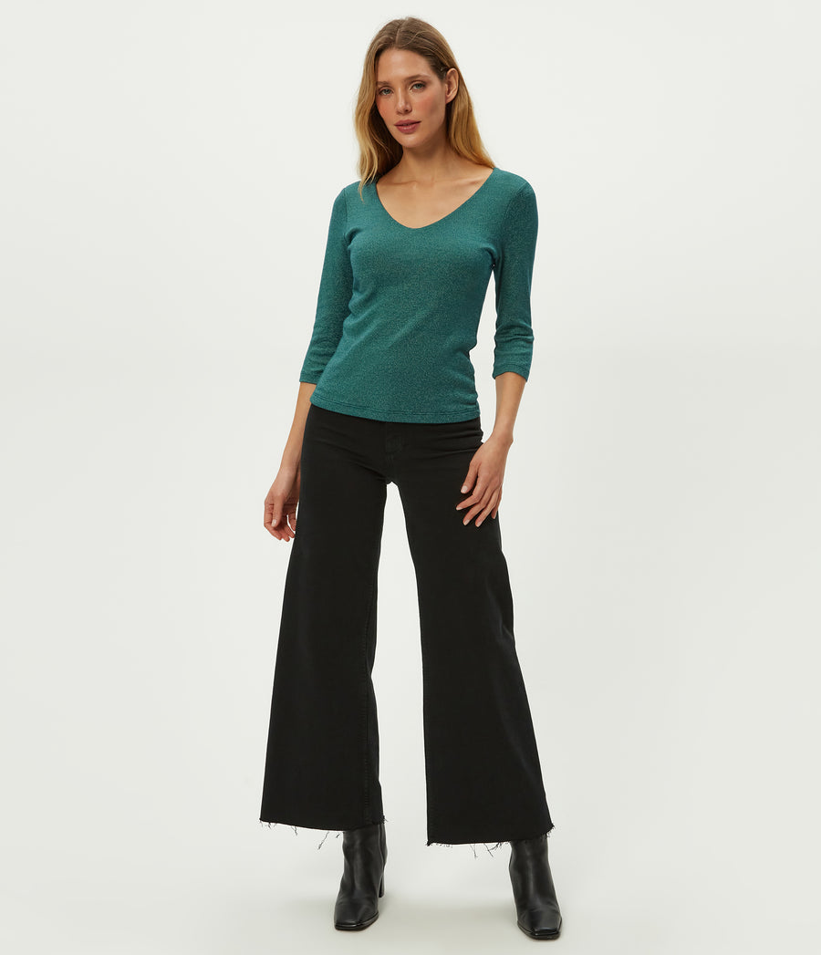 Angelina Shine V-Neck Tee in RAINFOREST BLUE Full Body View #RAINFOREST
