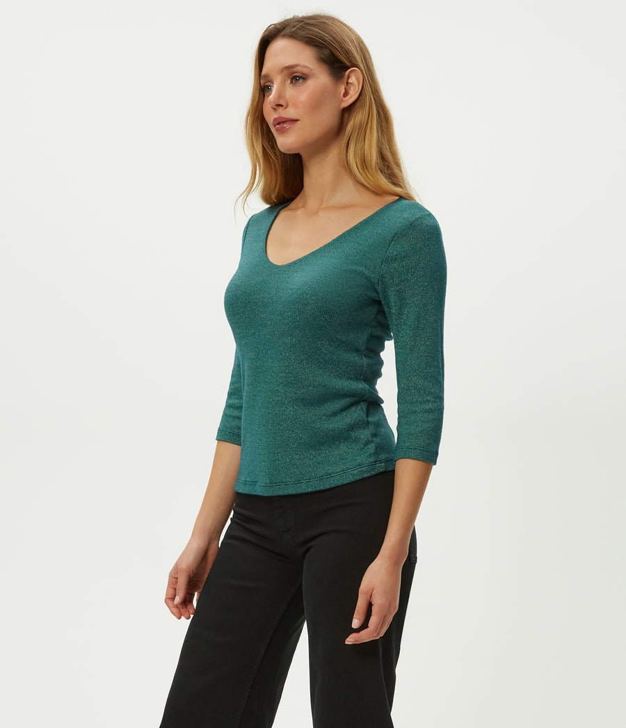 Angelina Shine V-Neck Tee in RAINFOREST BLUE Side View #RAINFOREST