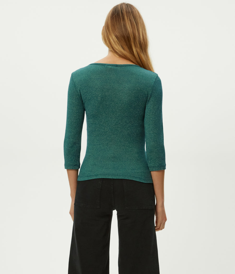 Angelina Shine V-Neck Tee in RAINFOREST BLUE Back View #RAINFOREST