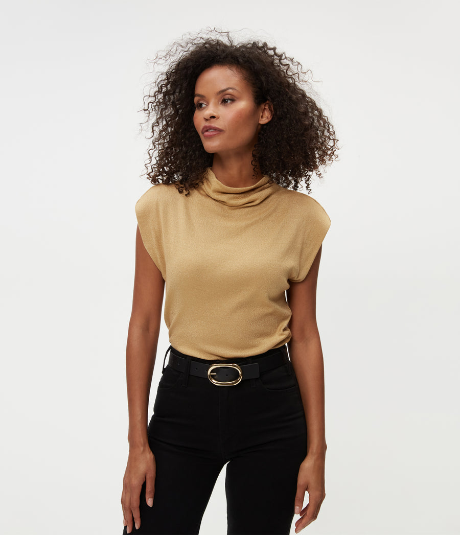 Reese Shine Power Shoulder Top in 14K Gold Close Up View #14K