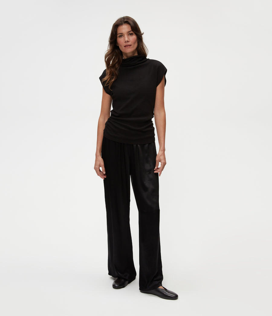Reese Shine Power Shoulder Top in Black  Full Body View #BLACK