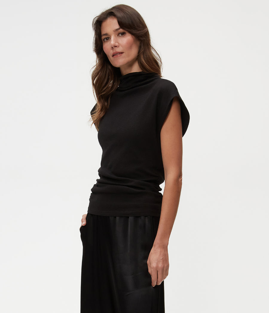 Reese Shine Power Shoulder Top in Black  Side View #BLACK