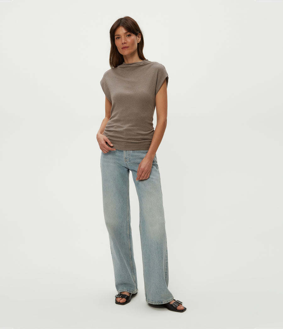 Reese Shine Power Shoulder Top in Cobblestone  Full Body View #COBBLESTONE