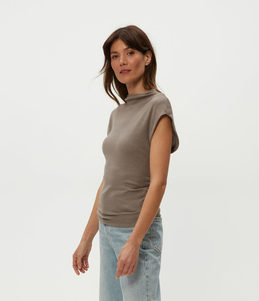 Reese Shine Power Shoulder Top in Cobblestone  Side View #COBBLESTONE