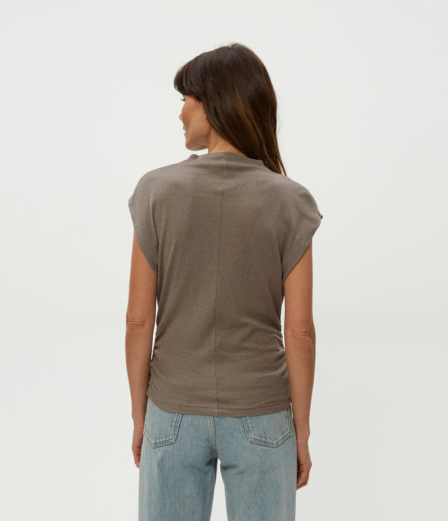 Reese Shine Power Shoulder Top in Cobblestone  Back View #COBBLESTONE