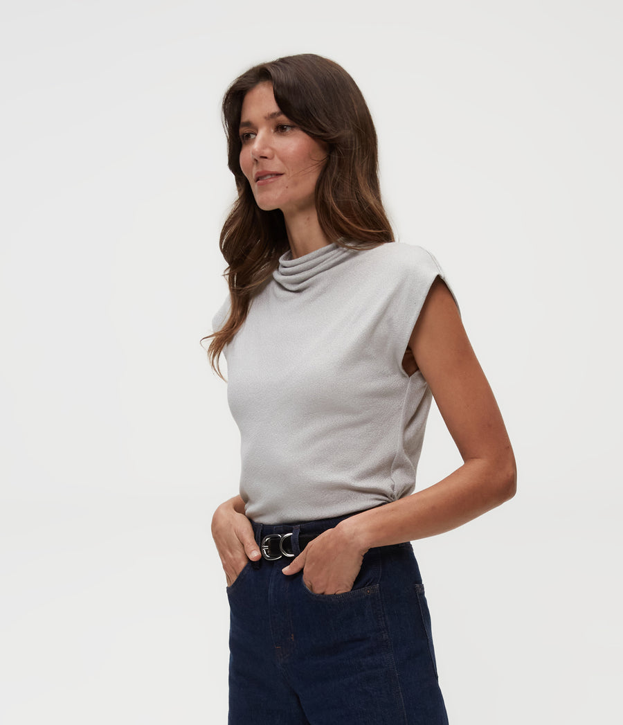 Reese Shine Power Shoulder Top in Hematite Grey Side View #HEMATITE