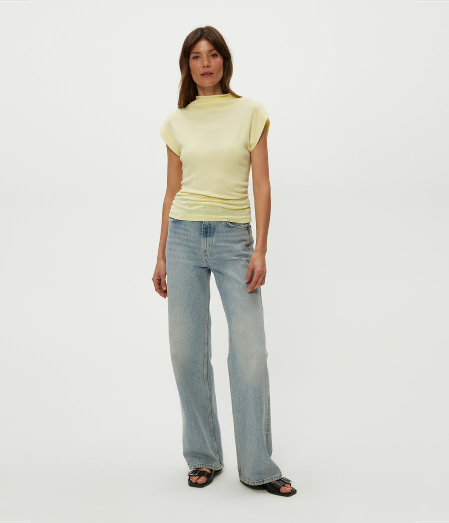 Reese Shine Power Shoulder Top in Lemonade Yellow Full Body View #LEMONADE