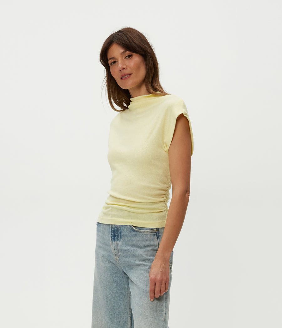 Reese Shine Power Shoulder Top in Lemonade Yellow Side View #LEMONADE