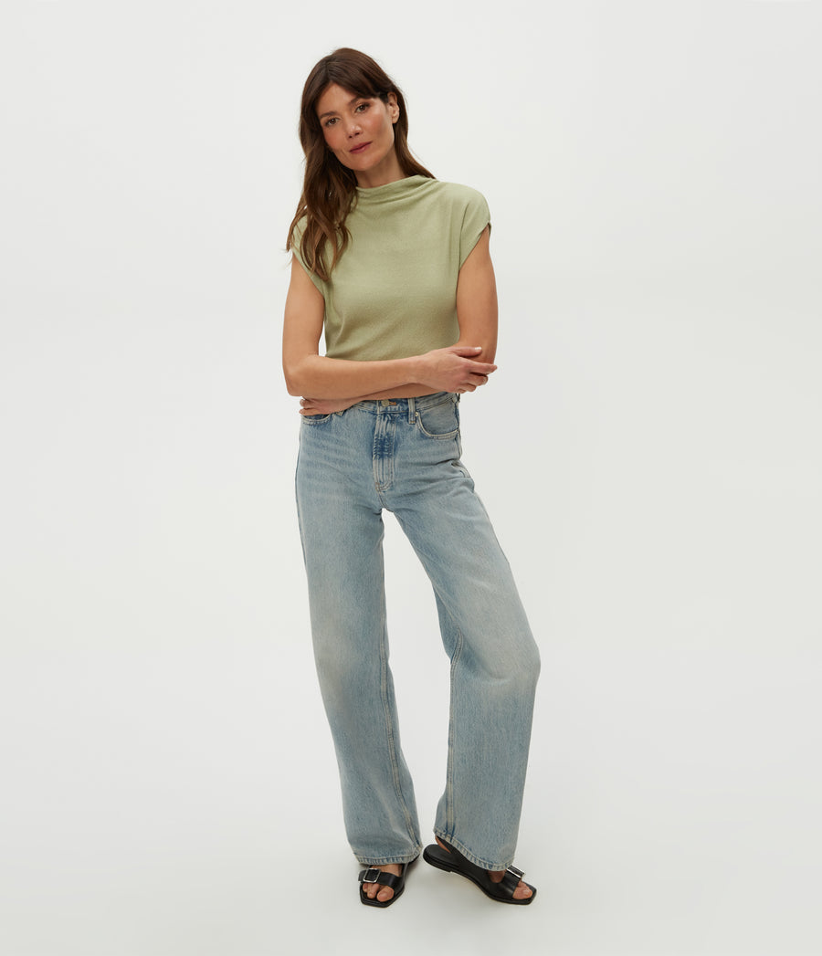 Reese Shine Power Shoulder Top in Linden Green Full Body View #LINDEN