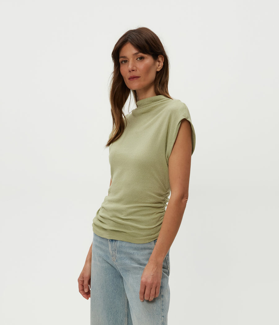 Reese Shine Power Shoulder Top in Linden Green Side View #LINDEN